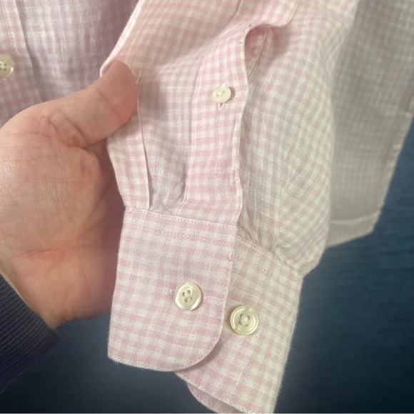 Tricots St Raphael Men’s Shirt Pink Peach Checkered Size Large 100% Linen - Picture 3 of 5